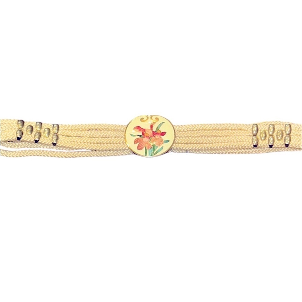 VINTAGE cream woven rope belt with floral clossone enamel buckle